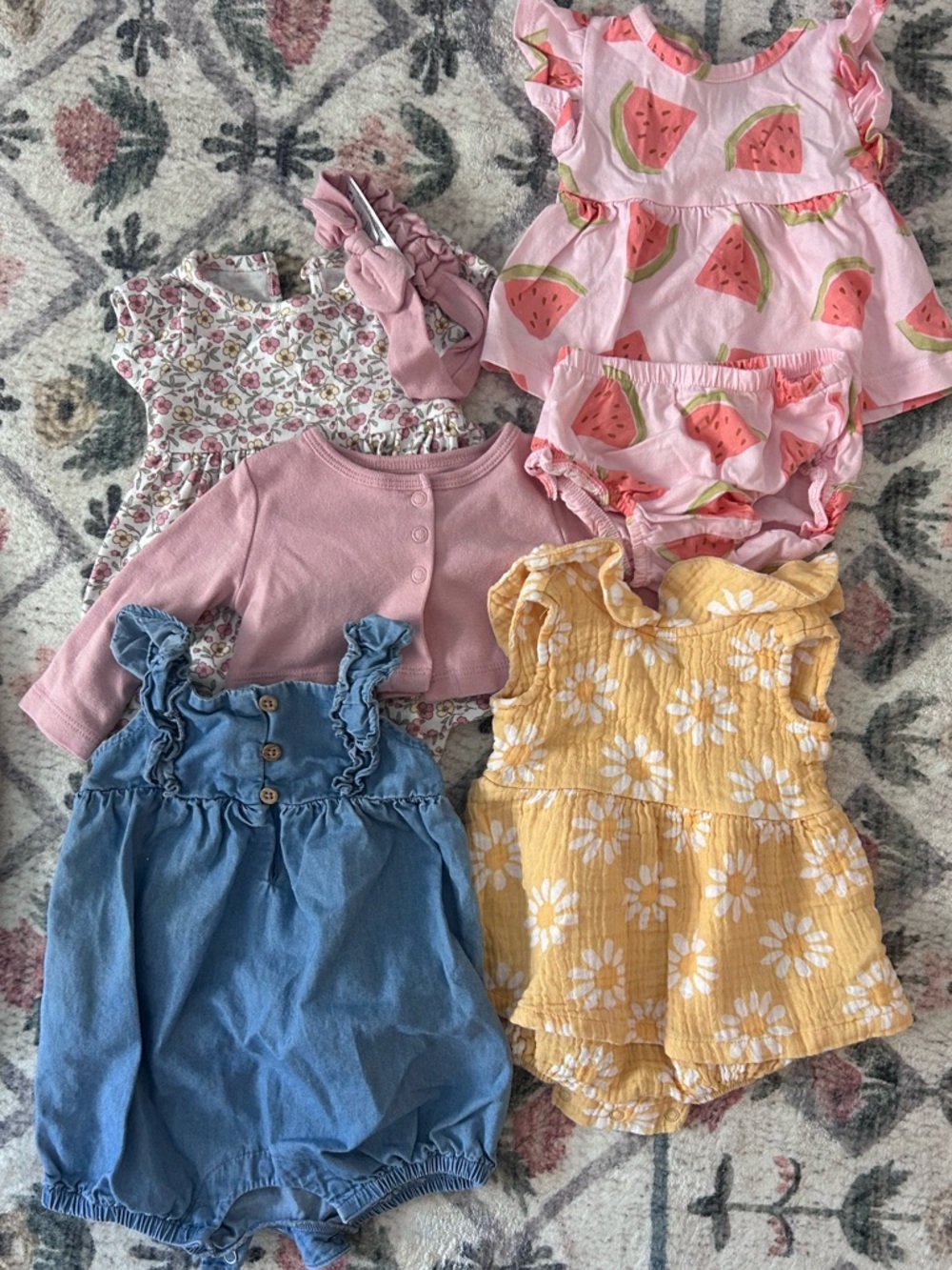 Assorted Baby Girl Romper Bundle - Pink Watermelon, Yellow Daisy, Denim & Floral